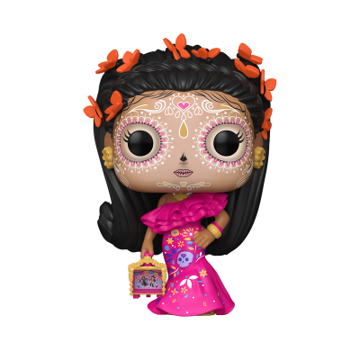 Figura estilizada Funko Pop com rosto de calavera e vestido rosa