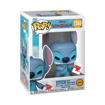 Funko Pop! Stitch da Disney com papel na mão numa caixa branca e azul