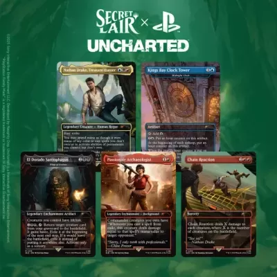 Cartas do jogo Secret Lair Uncharted exibidas em fundo verde com logotipos