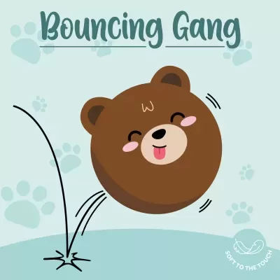 Bola castanha com rosto de urso sorridente e texto Bouncing Gang no fundo azul claro.