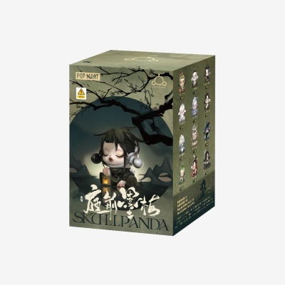 Caixa de coleção Skullpanda POP MART com personagem e texto em fundo verde escuro