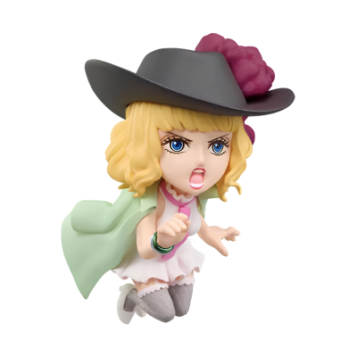 Figura colecionável de personagem anime com cabelo loiro, olhos azuis, chapéu cinza, vestido branco e capa verde