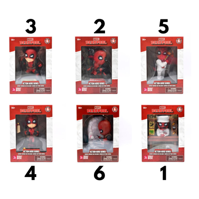 Seis bonecos Marvel Deadpool em embalagens vermelhas numeradas de 1 a 6