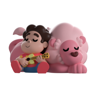 Figura de criança com ukulele sentada junto a leão cor-de-rosa ambos com olhos fechados