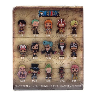 Caixa de brinquedos colecionáveis One Piece com 15 personagens em fundo de mapa antigo.
