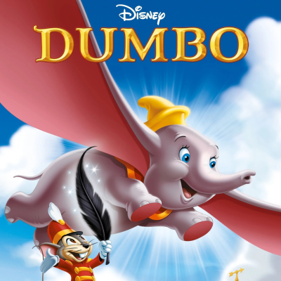 Capa do filme 'Dumbo' da Disney com elefante voador e rato uniformizado em céu azul