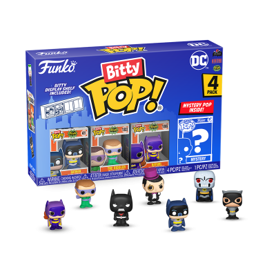 Conjunto Funko Bitty Pop! com quatro figuras miniatura e embalagem azul da DC