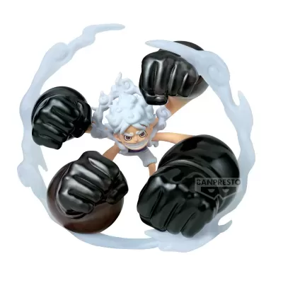 Figura colecionável de personagem com cabelo branco, braços longos e quatro grandes luvas pretas rodeadas por nuvens brancas