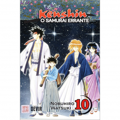 Capa do livro Kenshin O Samuraí Errante, volume 10, com quatro personagens em roupa tradicional e fundo estrelado