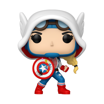 Figura colecionável Funko Pop com roupa patriótica e escudo danificado