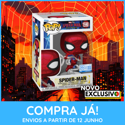 Figura Funko Pop Spider-Man em caixa com fundo de teia de aranha e edifícios ao pôr do sol