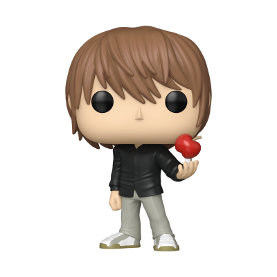 Figura colecionável de vinil estilo Pop segurando uma maçã vermelha.
