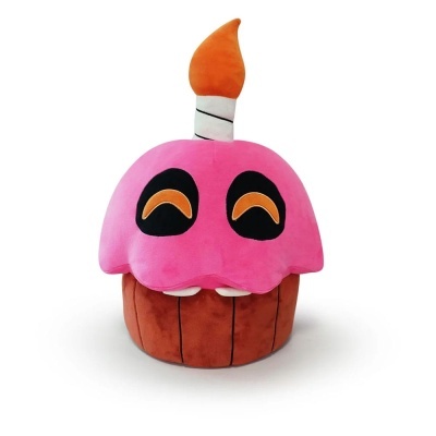 Peluche de cupcake rosa com vela laranja.