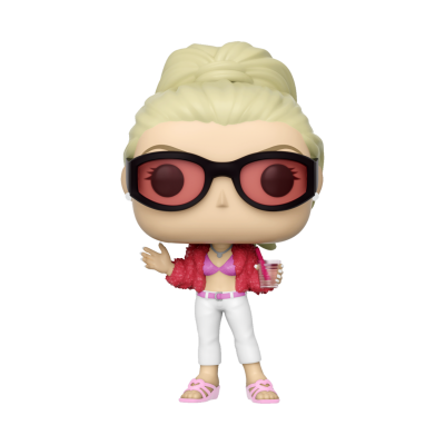 Figura Funko Pop com roupa rosa e branca e copo