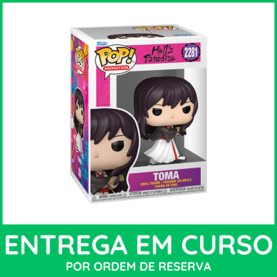 Funko Pop! Animation Toma Hells Paradise número 2281 em caixa transparente com fundo rosa e roxo.