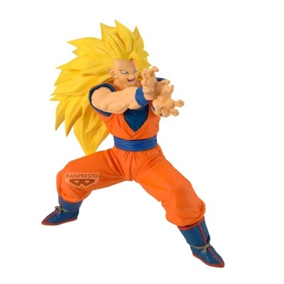 Figurina de personagem anime com cabelo amarelo e roupa laranja em pose de ataque