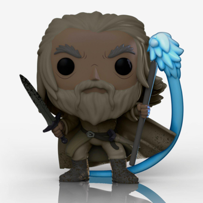 Figura colecionável estilo Funko Pop de personagem com espada e cajado azul