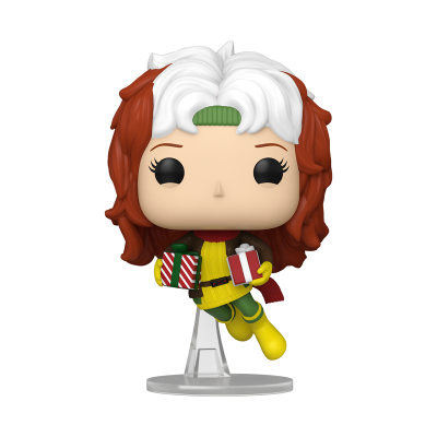 Boneca Funko Pop com cabelo branco e castanho a segurar presentes
