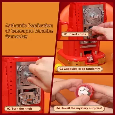 Montagem de máquina Gashapon vermelha com instruções em inglês e mão a operar a máquina