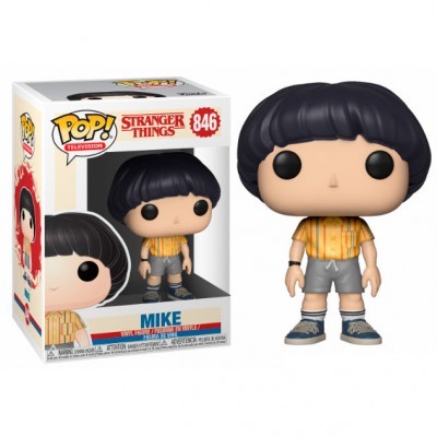 Figura Funko Pop! Mike da série Stranger Things com camisa amarela e calções cinza