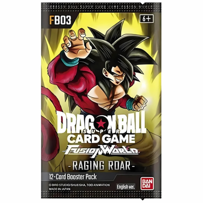 Pacote de cartas Dragon Ball Card Game Fusion World Raging Roar com personagem em pose de luta