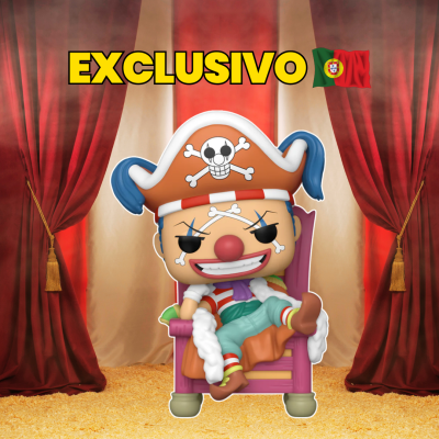 Figura colecionável pirata sentada em cadeira púrpura com cortinas vermelhas ao fundo e texto EXCLUSIVO