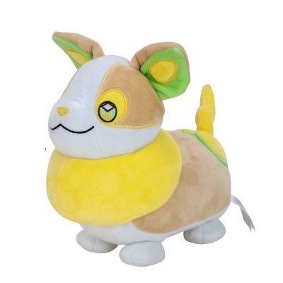 Pelúcia de cão colorido em tons bege, branco, amarelo e verde