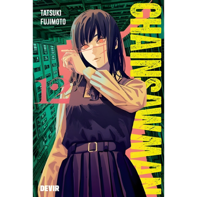 Capa de livro manga Chainsawn Man com personagem feminina e texto
