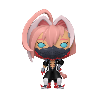 Figura estilizada Funko Pop com cabelo cor-de-rosa e máscara preta e vermelha