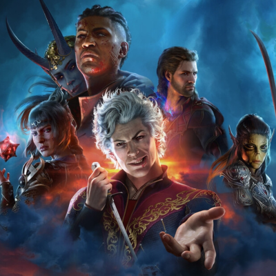 Personagens de fantasia em cenário nebuloso com roupas e adagas