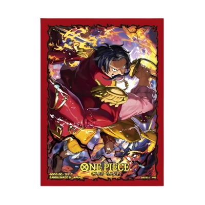 Estojo protetor de cartas One Piece com personagem animado e texto em fundo vermelho
