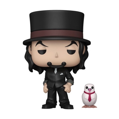Figura Funko Pop de homem com fato preto e chapéu, e figura pequena de coruja branca com gravata