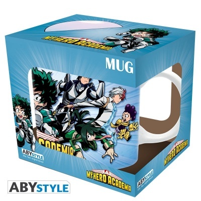 Copo de cerâmica branco com personagens de My Hero Academia dentro de caixa azul