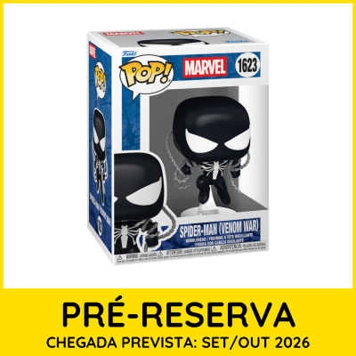 Boneco Funko Pop! Marvel Spider-Man Venom War em caixa com fundo branco e moldura amarela