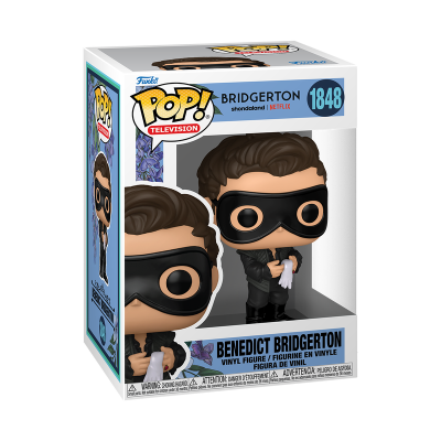 Figura de vinil Benedict Bridgerton com máscara preta na caixa Funko Pop branca