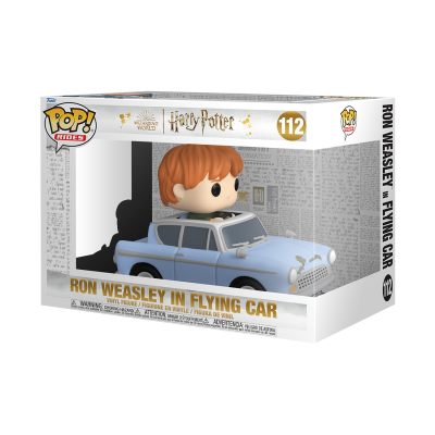 Caixa Funko Pop! Harry Potter com Ron Weasley em carro voador azul claro