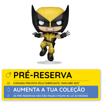 Figura de ação estilizada do personagem Wolverine com máscara amarela e preta.