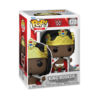 Figura Funko Pop! King Booker WWE com coroa dourada e capa branca na embalagem