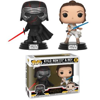 Figuras Pop! Star Wars Kylo Ren e Rey com espadas de luz em suportes e embalagem original.