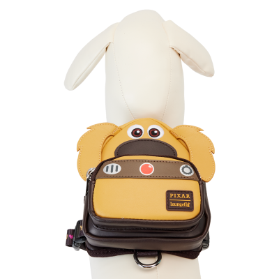 mochila amarela e castanha estilo cachorro com logótipo PIXAR loungefly