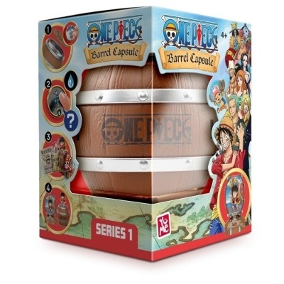Embalagem do brinquedo One Piece Barrel Capsule Série 1 com design de barril e ilustrações dos personagens