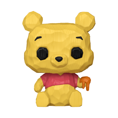 Figura colecionável de urso amarelo com t-shirt vermelha segurando mel