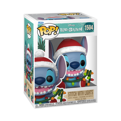 Figura Funko Pop! de Stitch com chapéu de Natal e luzes, número 1504, na caixa