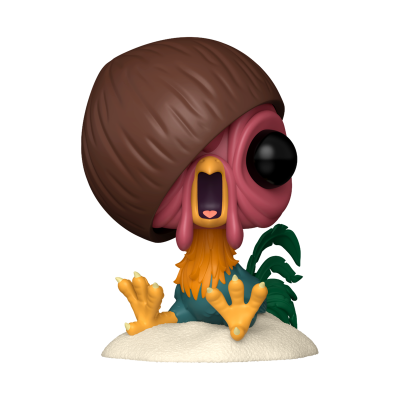 Figura colecionável de galo colorido com coco castanho na cabeça sobre base branca