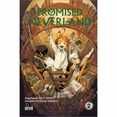 Capa do manga The Promised Neverland volume 2 com personagens numa biblioteca