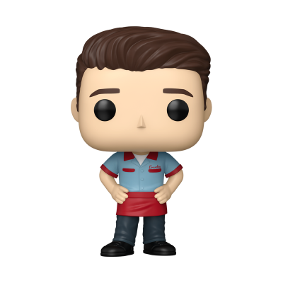 Figura Funko Pop de homem com camisa azul clara e detalhes vermelhos, avental e calças azul-escuras