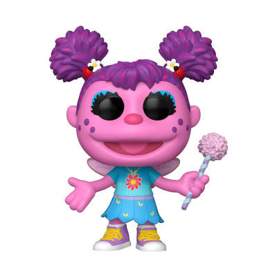 Boneco Funko Pop rosa com cabelo roxo e roupa azul segurando varinha rosa