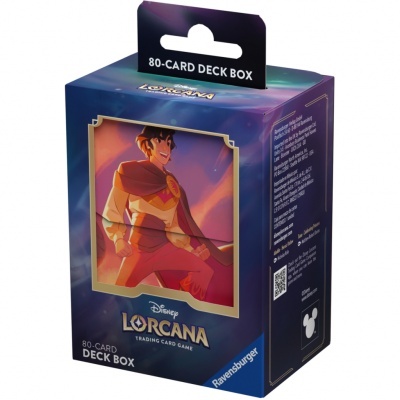 Caixa azul e roxa para baralho Disney Lorcana com personagem masculino e texto