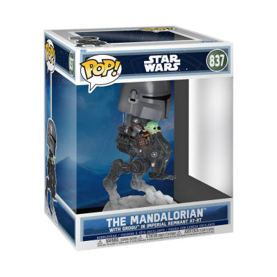 Figura POP! The Mandalorian com Grogu em AT-RT em caixa azul e branca