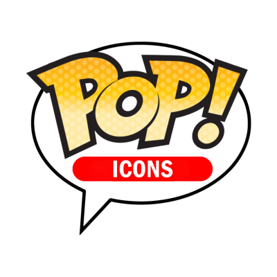 Logotipo Funko Pop com palavra POP! em amarelo e ICONS em vermelho dentro de balão de fala